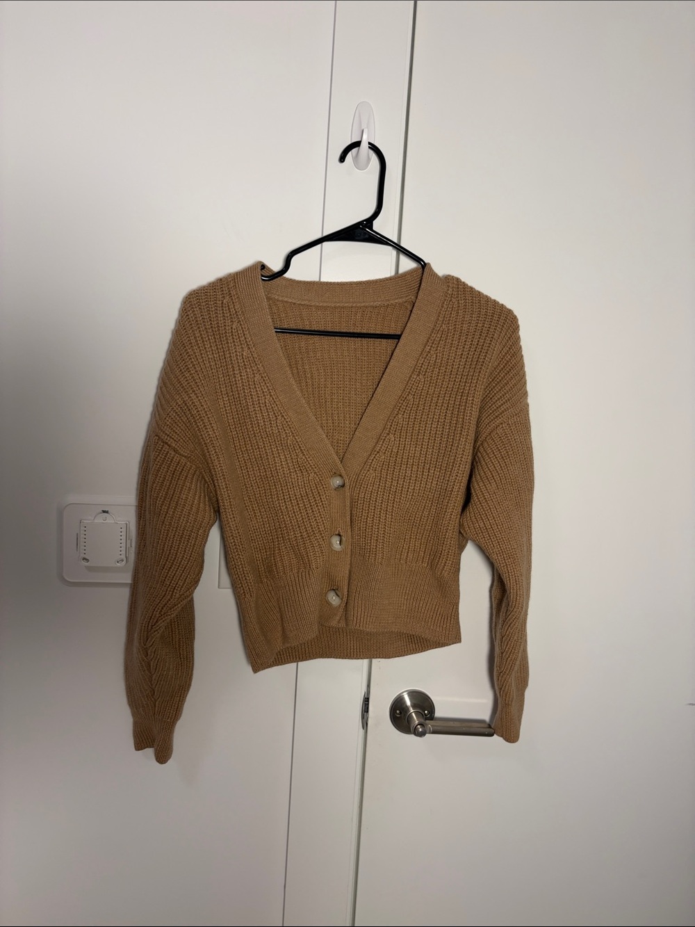 Aritzia Cropped V-Neck Ribbed Cardigan - Camel Brown